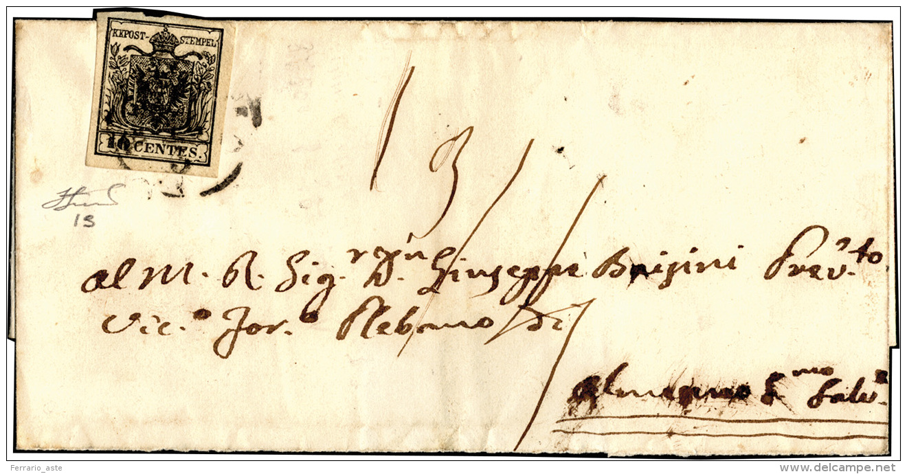 1857 - 10 Cent. Nero, Carta A Macchina (19), Perfetto, Isolato Su Sovracoperta Di Lettera, Senza Il ... - Lombardo-Vénétie