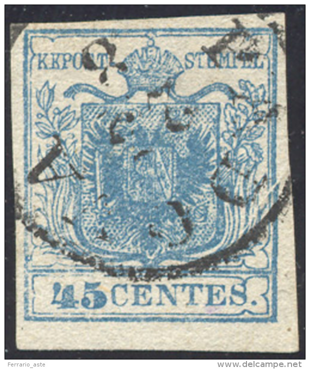 1851 - 45 Cent. Azzurro, I Tipo, Carta Costolata (17), Pl&igrave; D'accordeon, Perfetto, Usato A Padova. C... - Lombardo-Vénétie