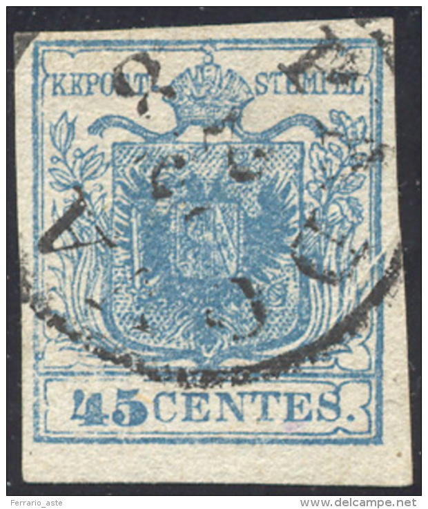 1851 - 45 Cent. Azzurro, I Tipo, Carta Costolata (17), Pl&igrave; D'accordeon, Perfetto, Usato A Padova. C... - Lombardo-Veneto