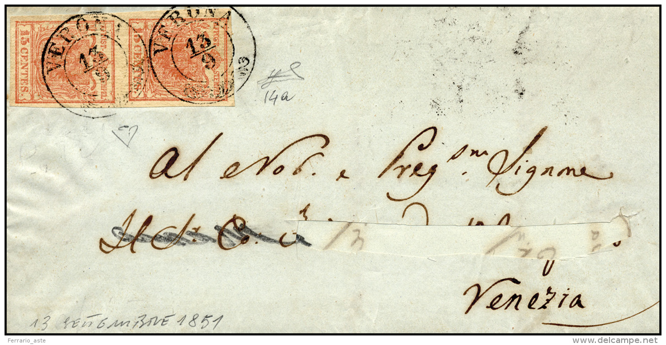 1851 - 15 Cent. Rosso Vermiglio Chiaro, I Tipo, Carte A Coste Verticali (14a), Coppia, Perfetta, Su ... - Lombardo-Vénétie