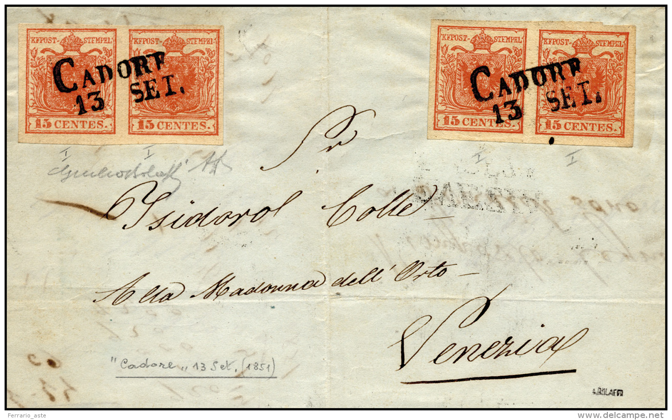 1851 - 15 Cent. Rosso Vermiglio, I Tipo, Carta A Coste Verticali, Coppia, 15 Cent. Rosso Vermiglio, ... - Lombardo-Vénétie
