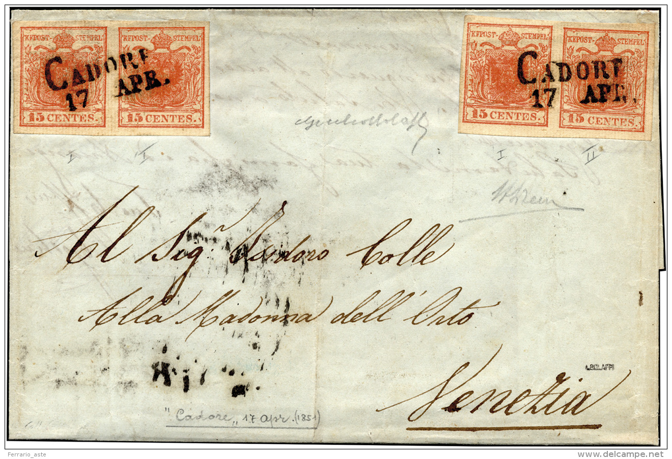 1851 - 15 Cent. Rosso Vermiglio Due Coppie Orizzontali, Una I + II Tipo, L'altra Entrambi I Tipo, Ca... - Lombardo-Venetien