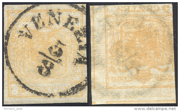 1851 - 5 Cent. Giallo Ocra, Controstampa Capovolta (13), Perfetto, Usato A Venezia 5/8. ... - Lombardo-Venetien