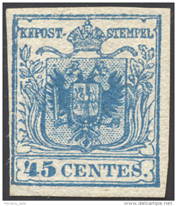 1855 - 45 Cent. Azzurro, III Tipo, Carta A Mano (12), Perfetto, Nuovo Senza Gomma. Cert. Ferrario. ... - Lombardy-Venetia