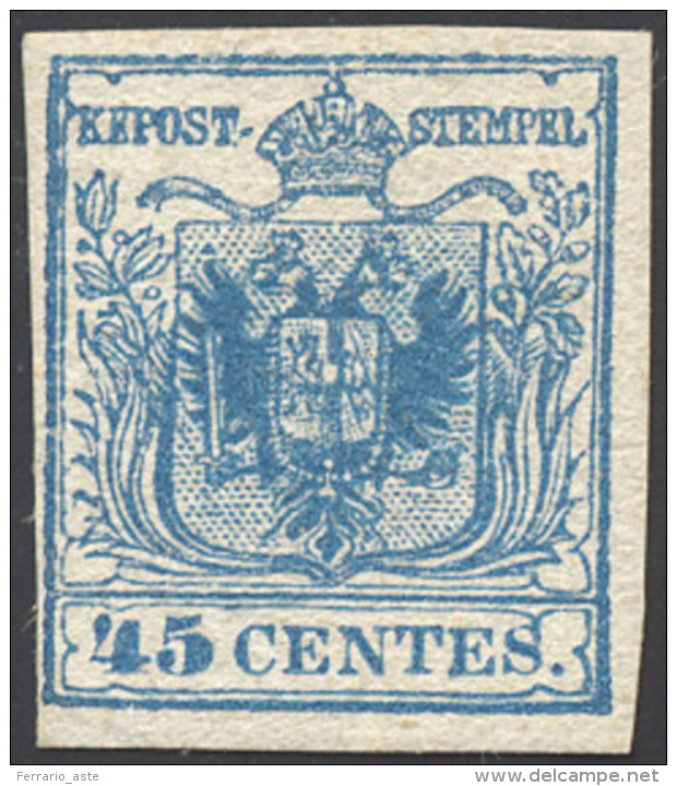1855 - 45 Cent. Azzurro, III Tipo, Carta A Mano (12), Perfetto, Nuovo Senza Gomma. Cert. Ferrario. ... - Lombardo-Veneto