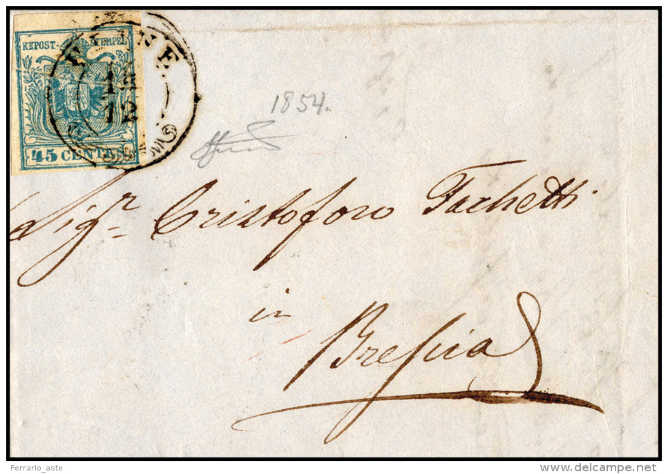 1854 - 45 Cent. Azzurro Ardesia, II Tipo (11), Ben Marginato, Con Vistosa Pl&igrave; D'accordeon Centrale,... - Lombardo-Veneto