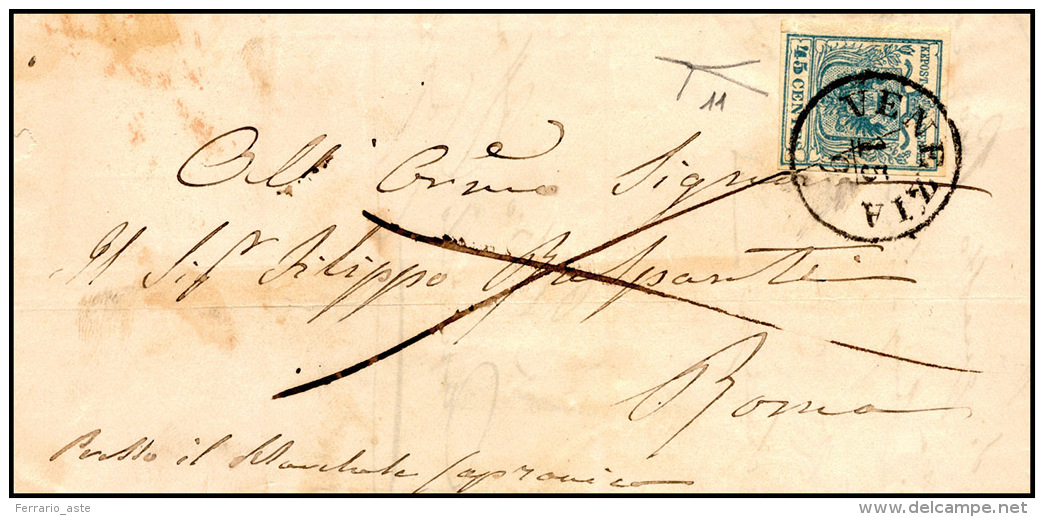 1852 - 45 Cent. Azzurro Ardesia, II Tipo (11), Perfetto, Su Sovracoperta Di Lettera Da Venezia 15/9 ... - Lombardo-Vénétie