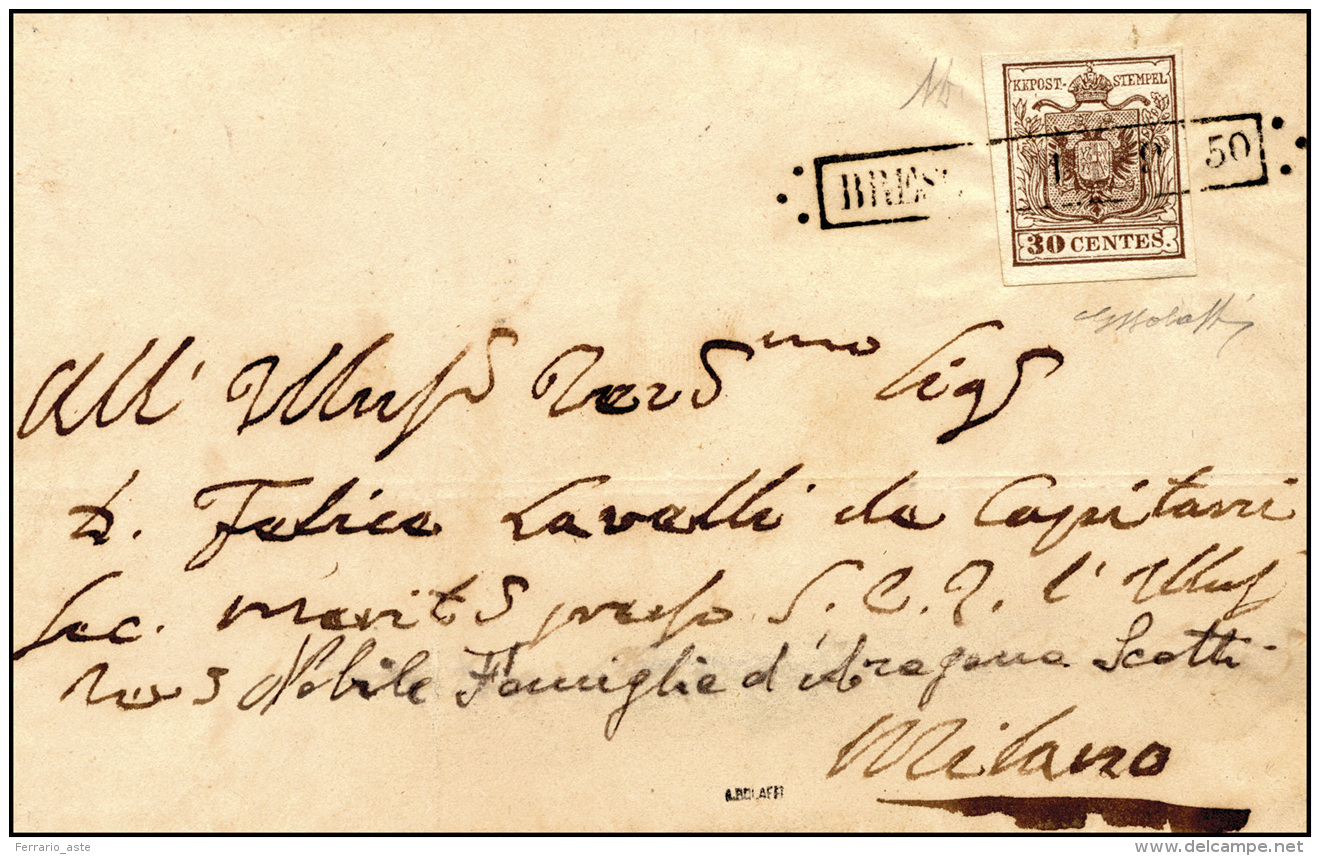 1850 - 30 Cent. I Tiratura (7b), Perfetto, Su Sovracoperta Di Lettera Da Brescia 1/9/1850 (punti 5) ... - Lombardo-Vénétie