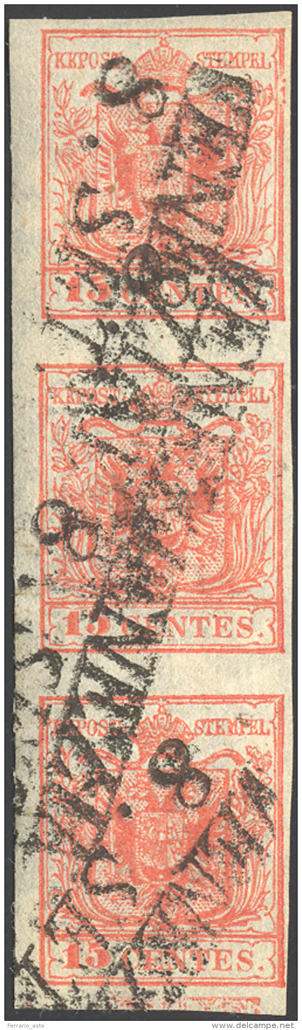 1852 - 15 Cent. Rosso, Carta A Mano, III Tipo, Striscia Verticale Di Tre, L'ultimo Esemplare Con Amp... - Lombardo-Venetien