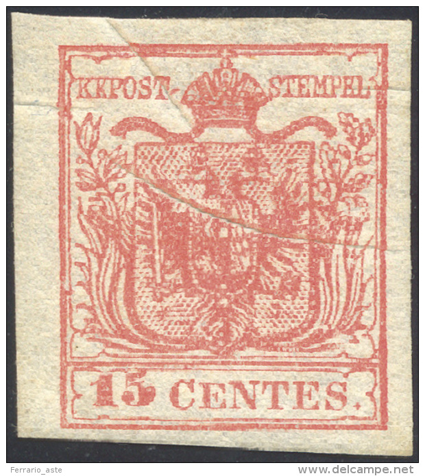 1852 - 15 Cent. Rosso, III Tipo, Carta A Mano (6), Nuovo, Gomma Originale Integra, Perfetto. Present... - Lombardo-Vénétie
