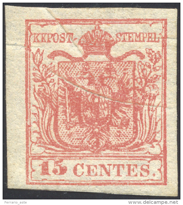 1852 - 15 Cent. Rosso, III Tipo, Carta A Mano (6), Nuovo, Gomma Originale Integra, Perfetto. Present... - Lombardo-Veneto