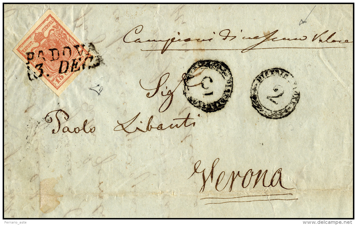 1851 - 15 Cent. Rosa, II Tipo, A Mano (5), Perfetto, Su Lettera Contenente "campioni Di Nessun Valor... - Lombardije-Venetië