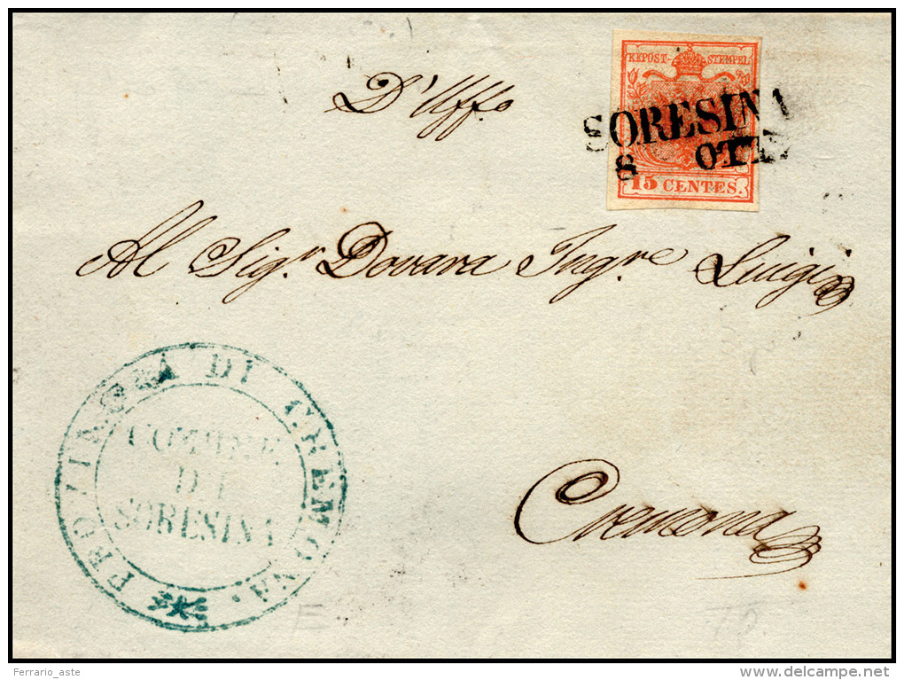 1851 - 15 Cent. Rosso Vermiglio (4), Perfetto, Su Sovracoperta Di Lettera Da Soresina 8/10 (punti 4)... - Lombardo-Vénétie