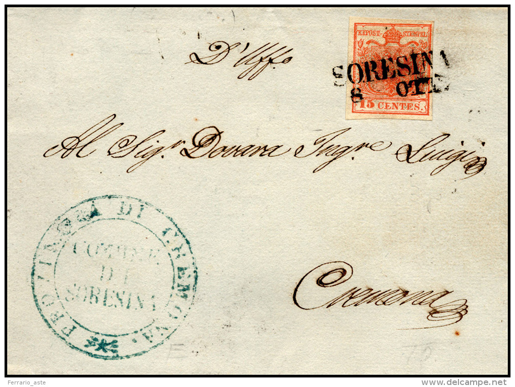 1851 - 15 Cent. Rosso Vermiglio (4), Perfetto, Su Sovracoperta Di Lettera Da Soresina 8/10 (punti 4)... - Lombardy-Venetia