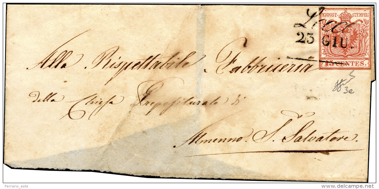 1850 - 15 Cent. Rosso, I Tiratura (3a), Ritagliato "lilliput", Su Sovracoperta Di Lettera, Senza Il ... - Lombardo-Venetien