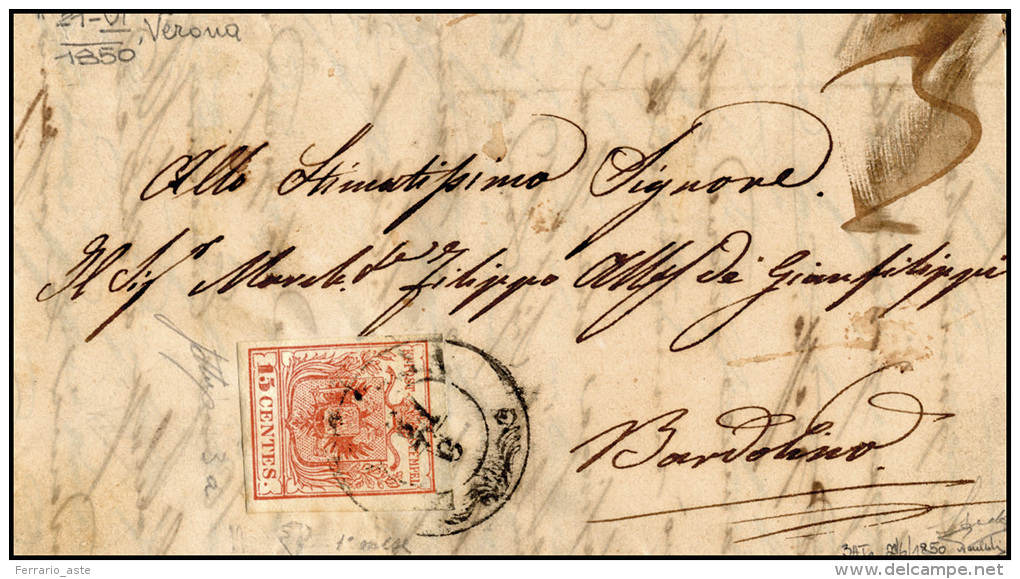 1850 - 15 Cent. Rosso, I Tiratura (3a), Perfetto, Su Lettera Da Verona 21/6/1850 A Bardolino. Bella ... - Lombardo-Vénétie