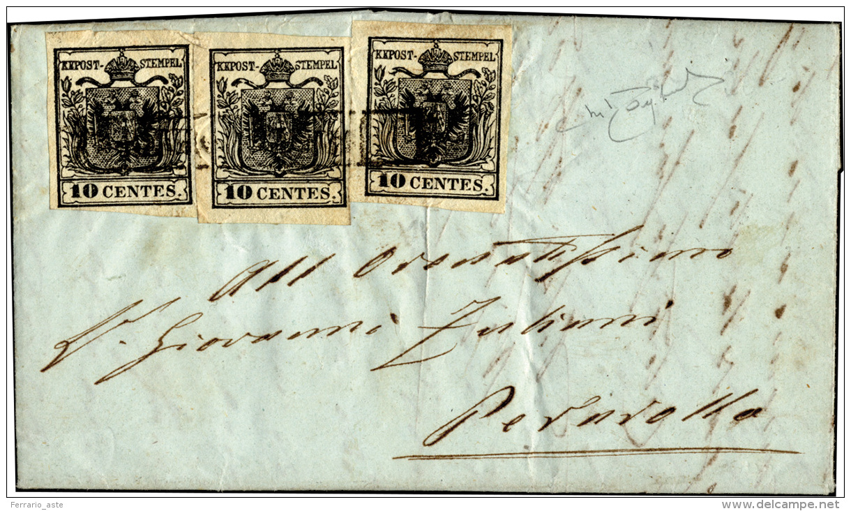 1855 - 10 Cent. Nero Intenso (2d), Un Esemplare Del I Sottotipo E Due Del II, Perfetti, Su Lettera D... - Lombardo-Venetien