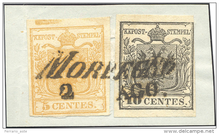 1850 - 5 Cent. Giallo Ocra, Spazio Tipografico In Alto, 10 Cent. Nero (1m,2), Perfetti, Usati Su Fra... - Lombardo-Vénétie