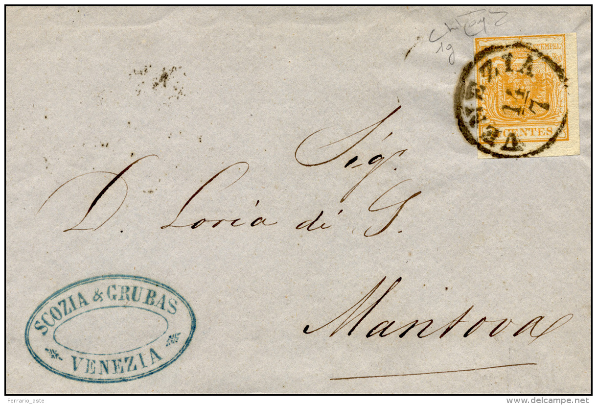 1850 - 5 Cent. Giallo Arancio (1g), Giusto In Alto, Isolato Su Sovracoperta Di Circolare Da Venezia ... - Lombardo-Vénétie