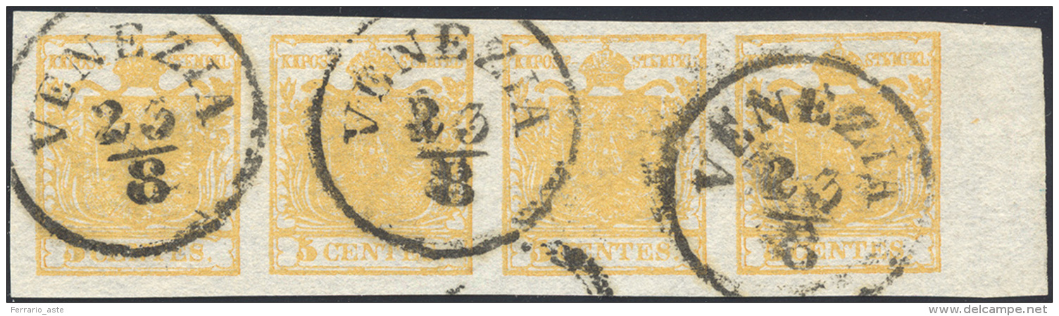 1850 - 5 Cent. Giallo Arancio (1g), Striscia Orizzontale Di Quattro, Bordo Di Foglio, Perfetto, Usat... - Lombardo-Vénétie