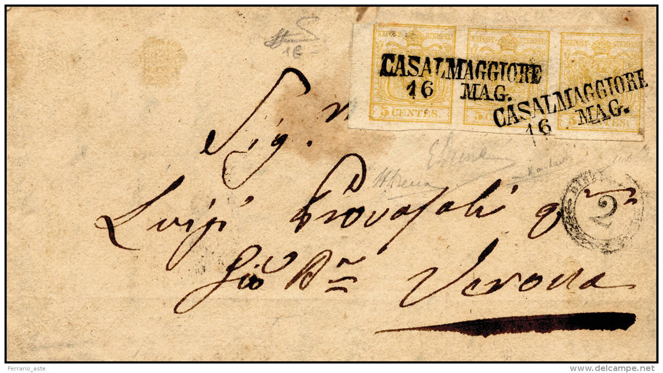 1851 - 5 Cent. Giallo Limone Verdastro (1b), Striscia Orizzontale Di Tre, Bordo Di Foglio A Sinistra... - Lombardo-Venetien