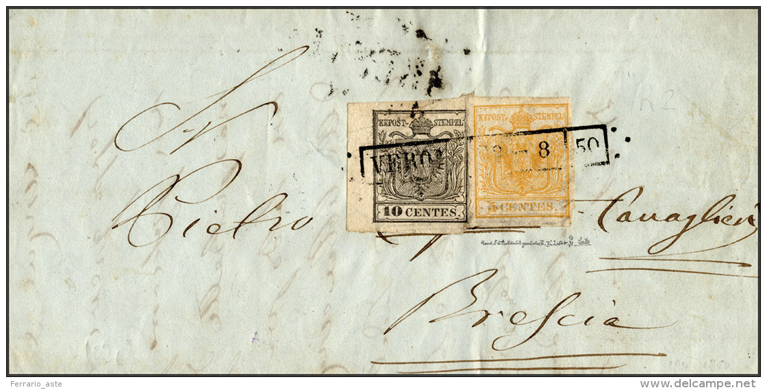 1850 - 5 Cent. Giallo, I Tiratura, E 10 Cent. Grigio Nero, I Tiratura (1a,2b), Perfetti, Su Lettera ... - Lombardo-Venetien