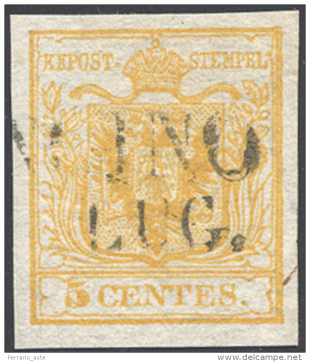 1850 - 5 Cent. Giallo, I Tiratura (1a), Perfetto, Usato A Soncino. Bello! A.Diena, Cert. Colla. ... - Lombardy-Venetia