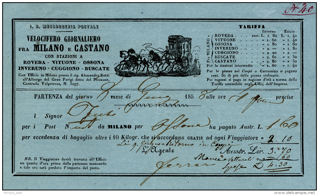 1858 - Biglietto Del Velocifero Giornaliero Fra Milano E Castano, Con Indicazione Delle Stazioni E D... - Lombardo-Venetien