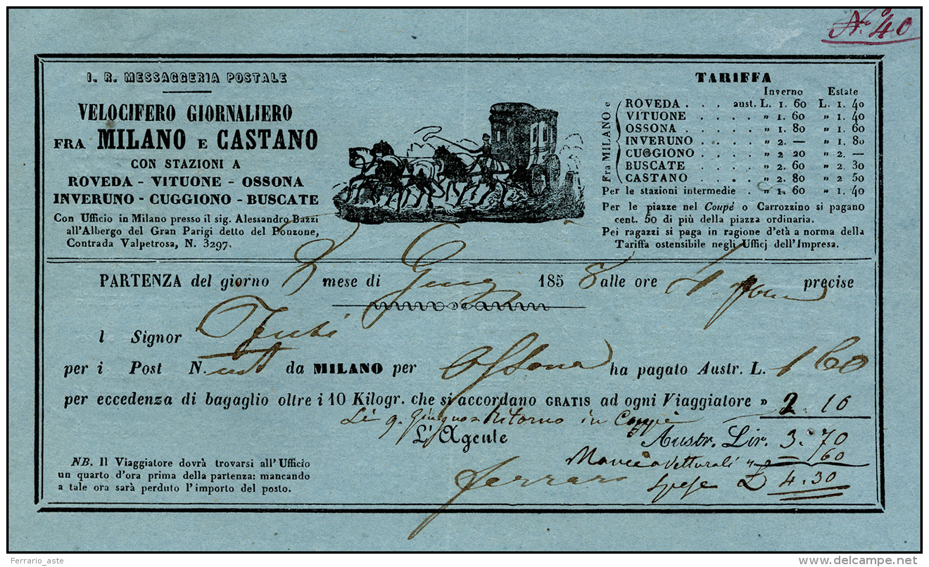 1858 - Biglietto Del Velocifero Giornaliero Fra Milano E Castano, Con Indicazione Delle Stazioni E D... - Lombardo-Vénétie