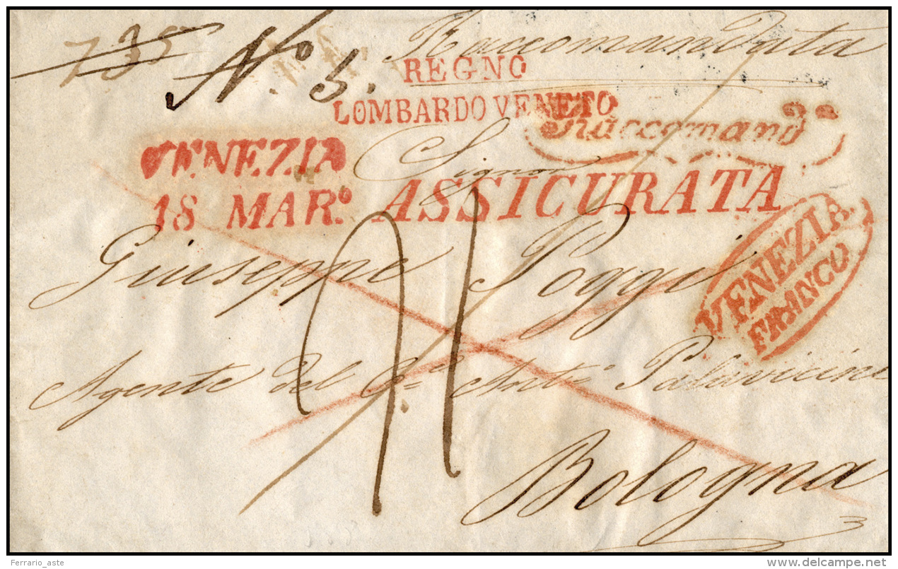 1846 - Sovracoperta Di Lettera Raccomandata Da Venezia 18/3/1846 A Bologna, Segni Di Tassa Al Verso ... - Lombardo-Venetien
