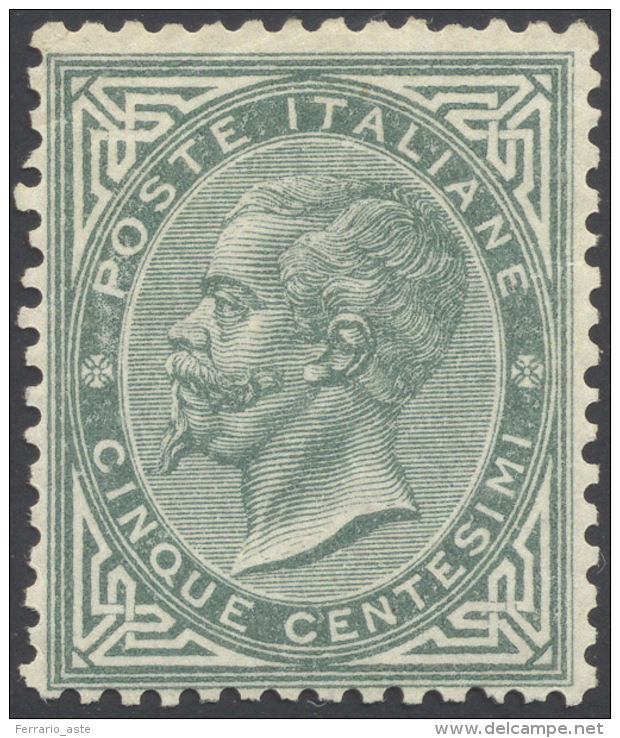 1866 - 5 Cent. Verde Grigio Scuro, De La Rue, Tiratura Di Torino (T16), Gomma Originale Integra, Per... - Autres & Non Classés