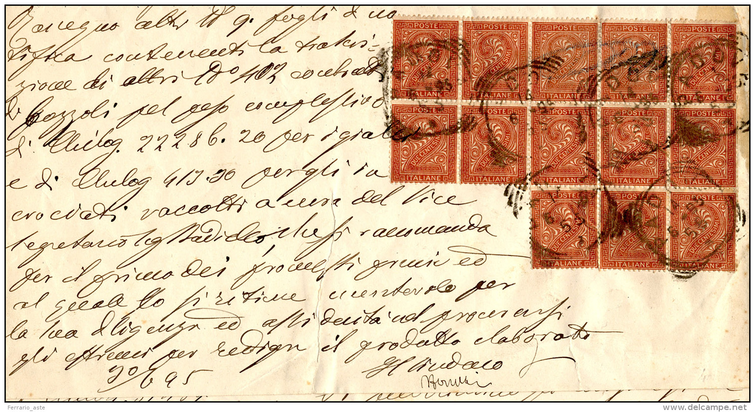 1895 - 2 Cent. De La Rue (T15), Blocco Di Tredici, Minimi Difetti, Su Gran Parte Di Plico (manca La ... - Autres & Non Classés