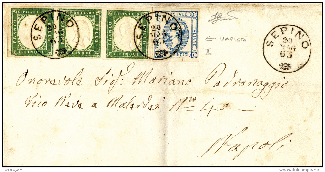 1863 - 15 Cent. Litografico, I Tipo, Variet&agrave;&nbsp; Di Clich&egrave; , In Affrancatura Mista Con Sardegna 5 Cent.. - Autres & Non Classés