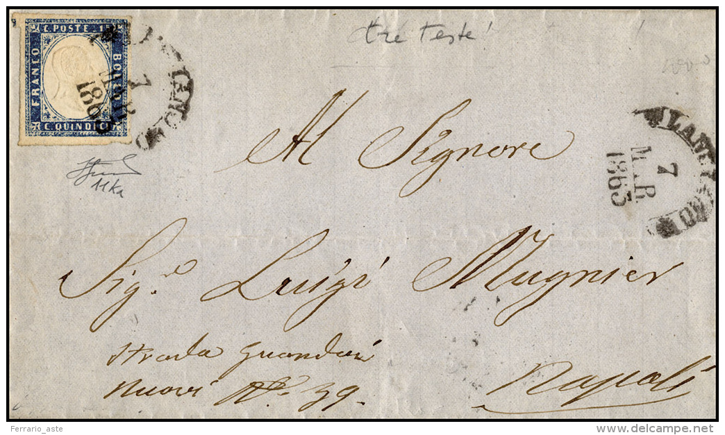 1863 - 15 Cent. Azzurro, Tipo Sardegna, TRIPLA EFFIGIE (11ka), Perfetto, Su Lettera Da Lanciano 7/3/... - Autres & Non Classés