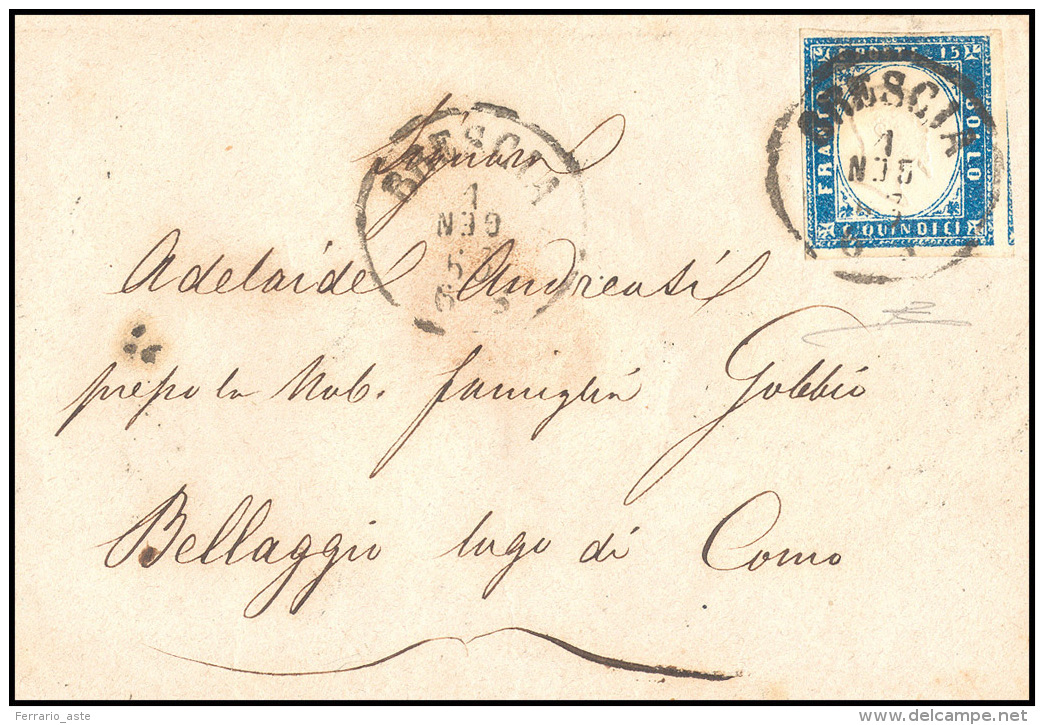 1863 - 15 Cent. Azzurro, Tipo Sardegna (11), Perfetto, Su Fresca Bustina Da Brescia 1/1/1863 (mese C... - Autres & Non Classés