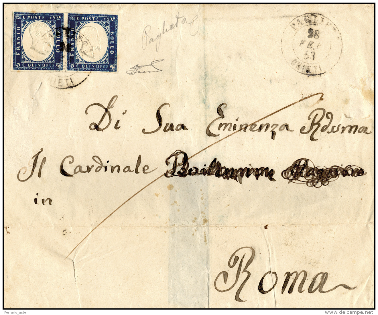 1863 - 15 Cent. Azzurro (11), Coppia, Perfetta, Su Sovracoperta Di Lettera Da Paglieta 28/2/1863 (pu... - Autres & Non Classés