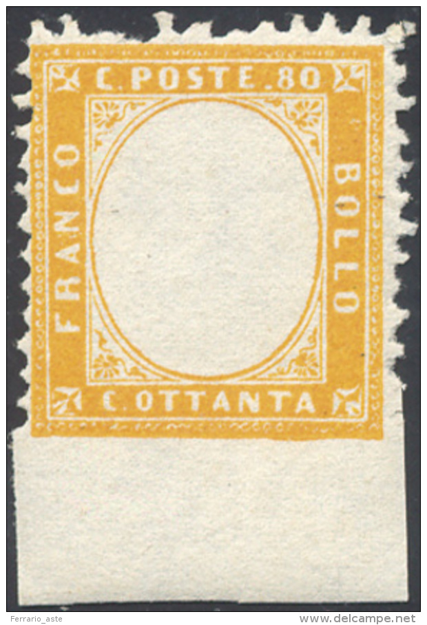 1862 - 80 Cent. Giallo Arancio, Senza Effigie, Non Dentellato In Basso E Bordo Integrale Di Foglio (... - Autres & Non Classés