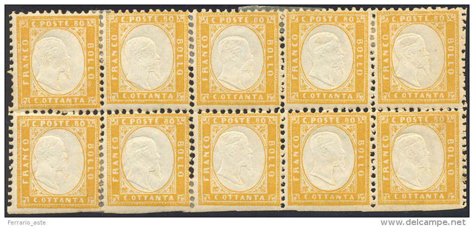 1862 - 80 Cent. Giallo Arancio (4), Blocco Di 10 Esemplari, I 5 Inferiori Non Dentellati In Basso (4... - Autres & Non Classés