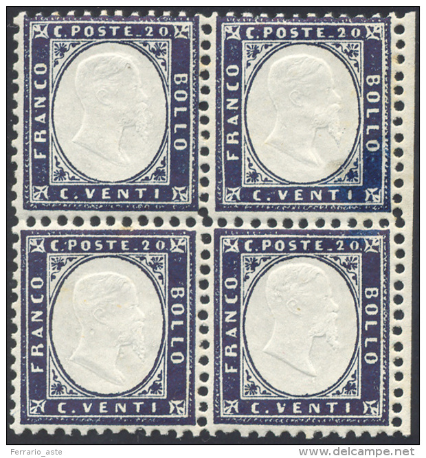 1862 - 20 Cent. Indaco (2), Blocco Di Quattro, Bordo Di Foglio, Gomma Originale Integra, Perfetto E ... - Autres & Non Classés