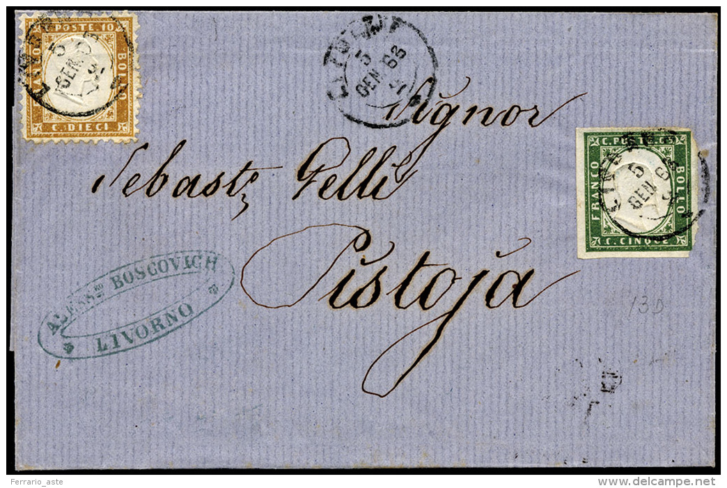 1863 - 10 Cent. Bistro Giallastro, Perfetto, 5 Cent. Verde Scuro, Sardegna (1+13D), In Affrancatura ... - Autres & Non Classés
