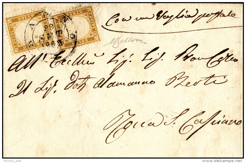 1862 - 10 Cent. Bistro Giallastro E 10 Cent. Bistro (1,1f), Su Sovracoperta Di Lettera "con Un Vagli... - Autres & Non Classés