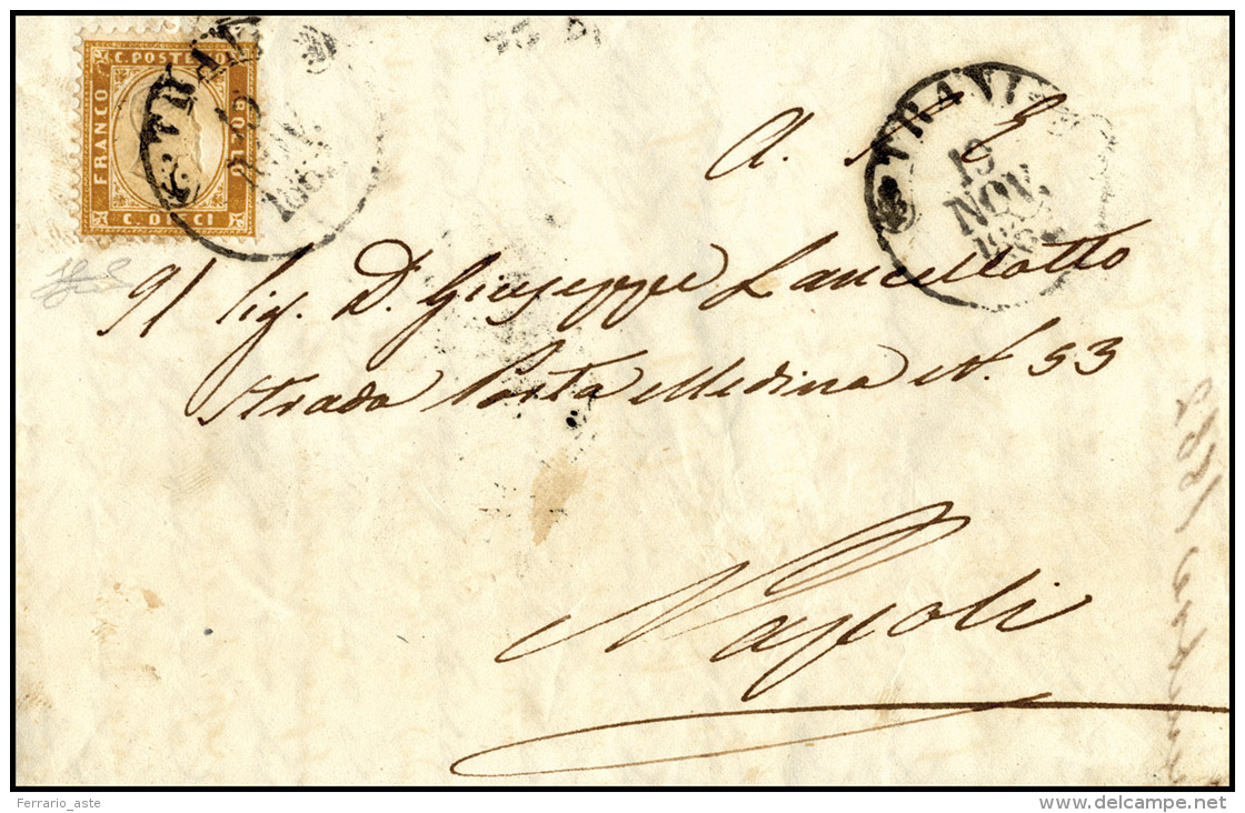 1862 - 10 Cent. Bistro Giallastro (1), Perfetto, Su Lettera Da Trani 19/11/1862 A Napoli. Ferrario. ... - Autres & Non Classés