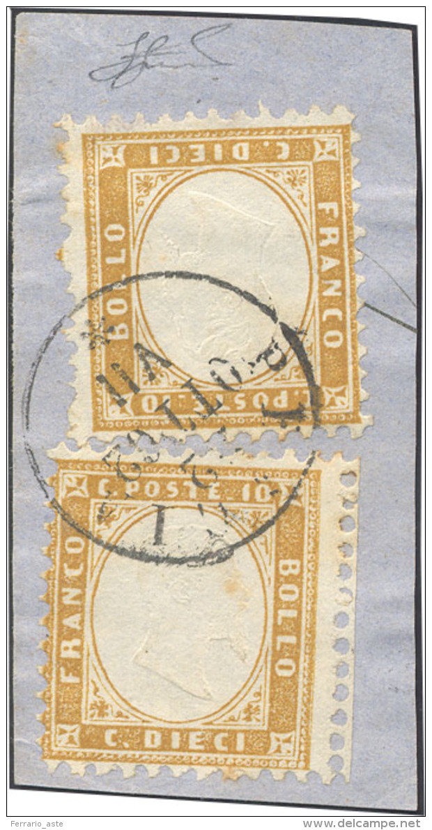 1862 - 10 Cent. Bistro Giallastro (1), Due Esemplari, Uno Bordo Di Foglio, Perfetti, Usati Su Framme... - Autres & Non Classés