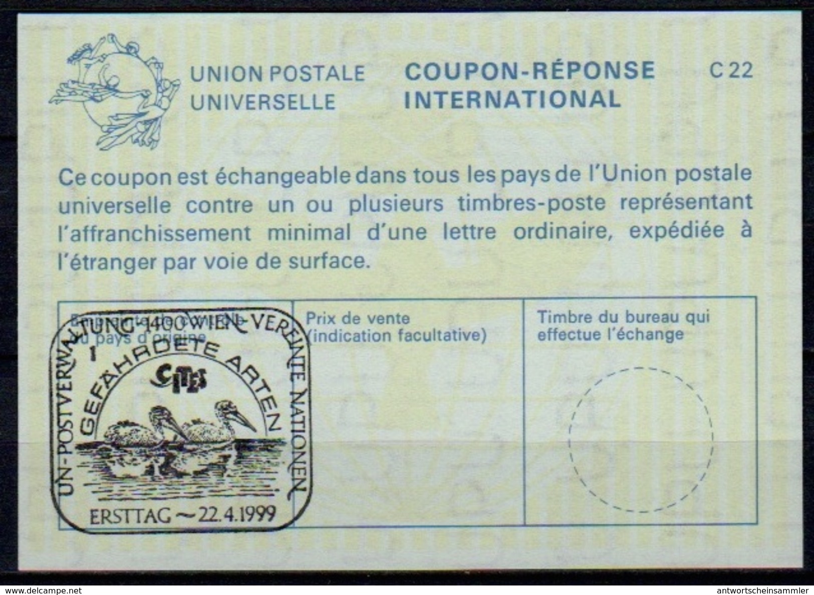 UNITED NATIONS VIENNA UNO WIEN CITES PELIKAN PELICAN 22.04.99 Int. Reply Coupon Reponse Antwortschein IRC IAS La25 - Pélicans