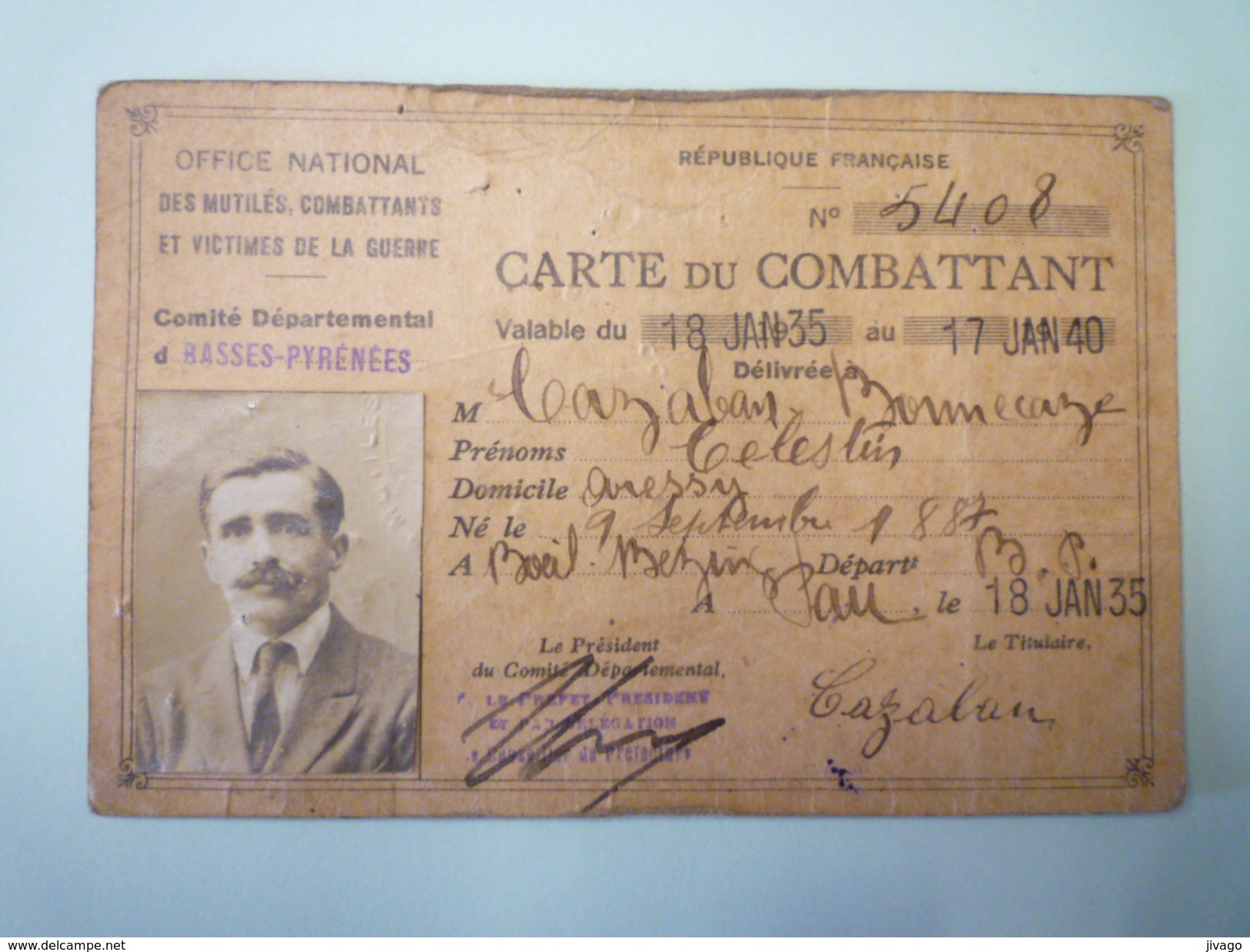 CARTE  De  COMBATTANT  1935   (ARESSY)    - Non Classés