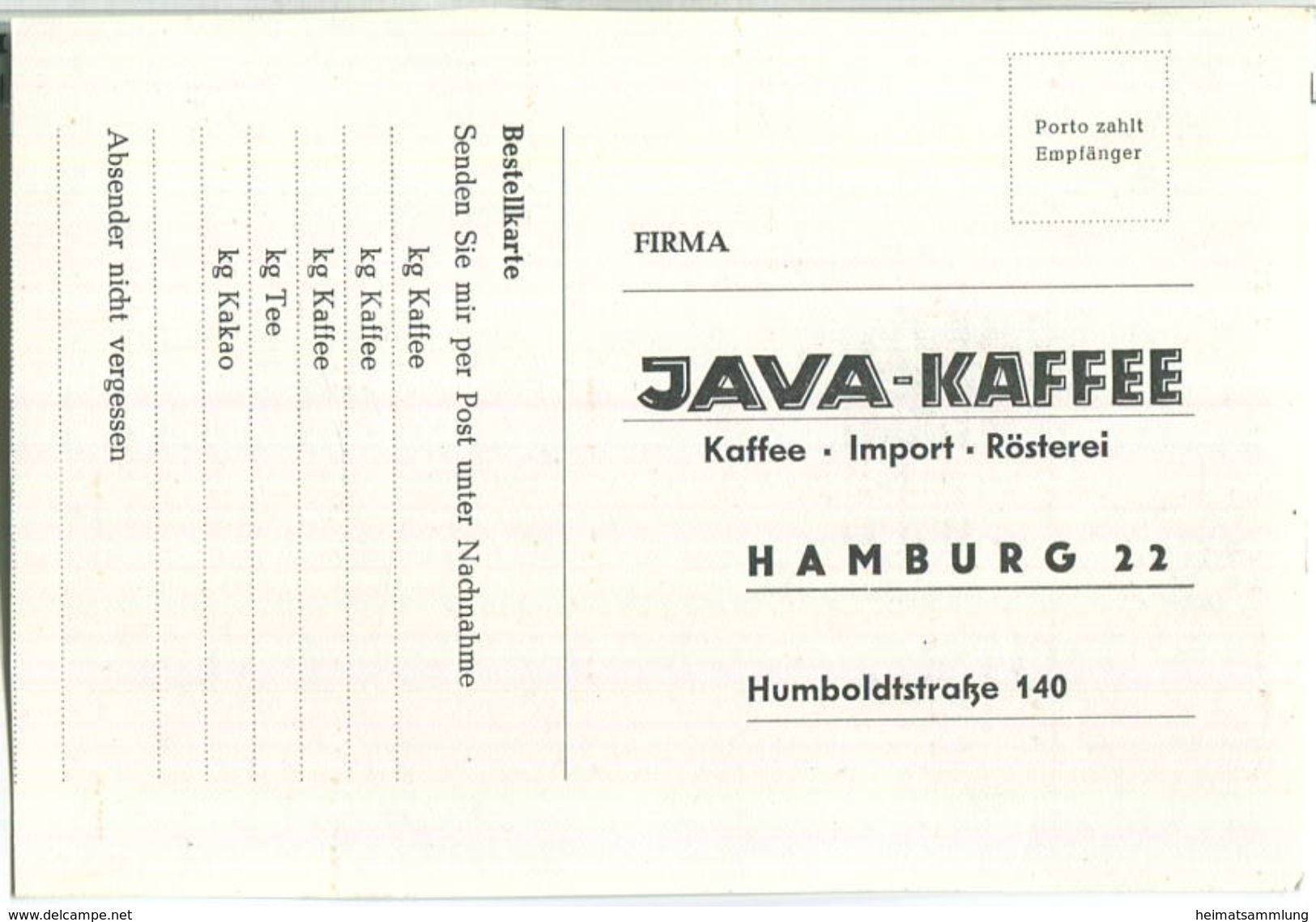 Hamburg-Harvestehude - Bestellkarte Java-Kaffee - Eimsbüttel