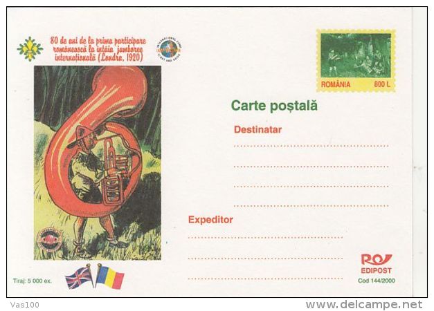 SCOUTS, SCUTISME, LONDON JAMBOREE, PC STATIONERY, ENTIER POSTAL, 2000, ROMANIA - Lettres & Documents