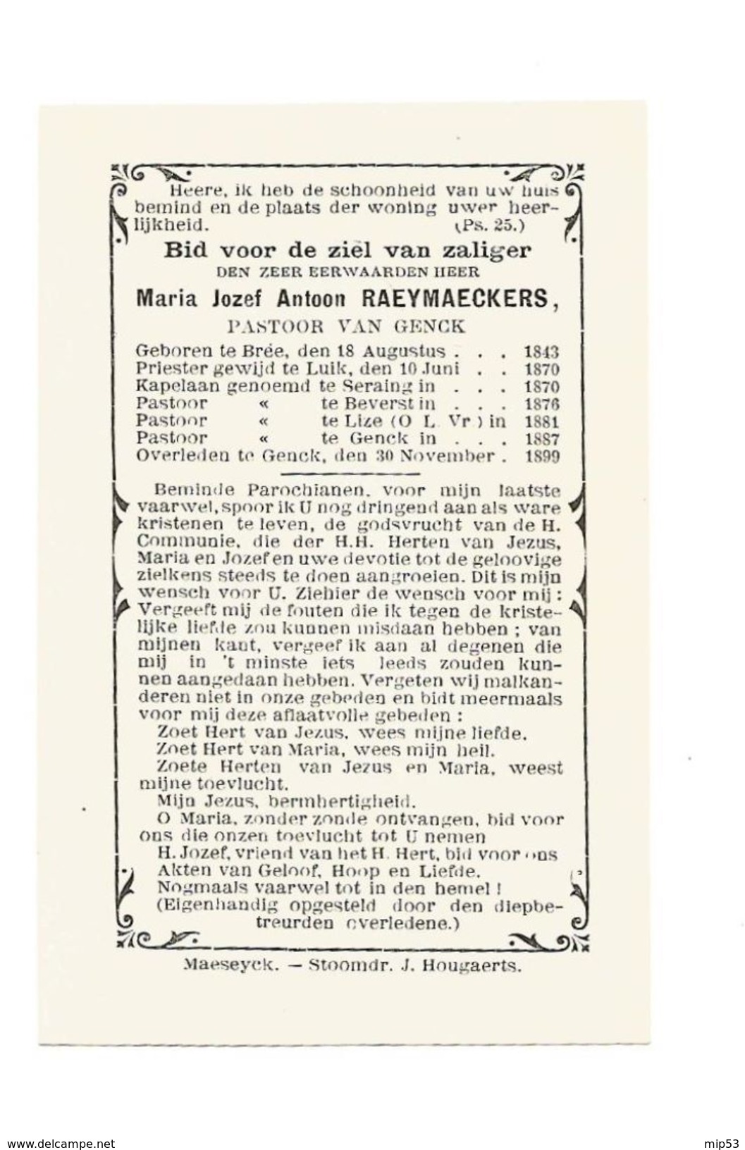 P 254. Z.E.H. MARIA J.A. RAEYMAECKERS - Pastoor Van GENK - °BREE 1843 /LUIK/SERAING/BEVERST/LIZE- +GENK 1899 - Devotion Images