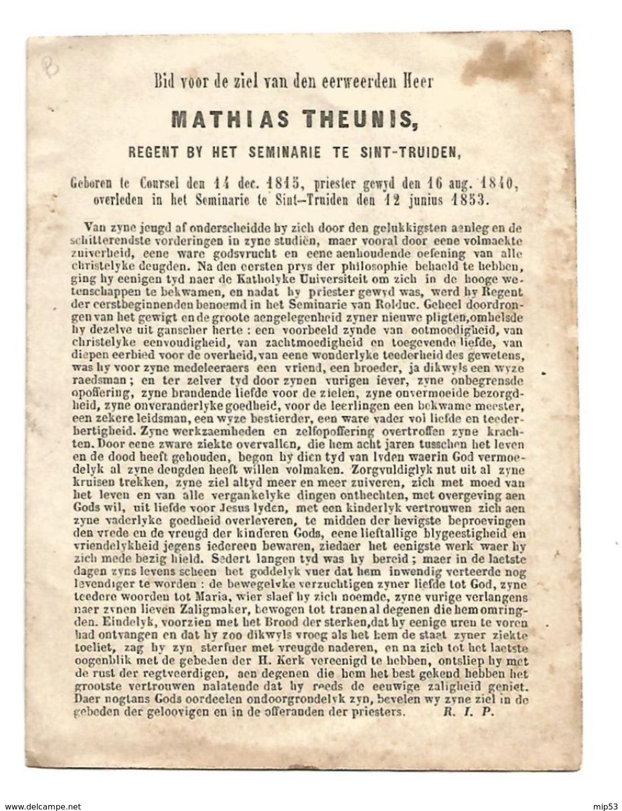 P 255. E.H. MATHIAS THEUNIS - REGENT Seminarie SINT-TRUIDEN - °COURSEL 1815 / + SINT-TRUIDEN 1853 - Devotion Images