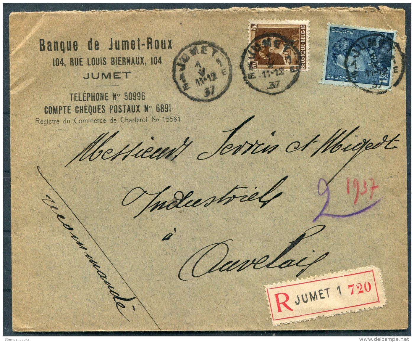 1937 Belgium Banque De Jumet-Roux Registered Bank Cover - Auvelais - Covers & Documents
